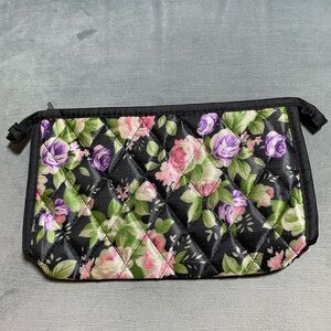 NWOT Quilted cosmetic bag 9.5”x6”black w/ pink purple, green, cream floral motif